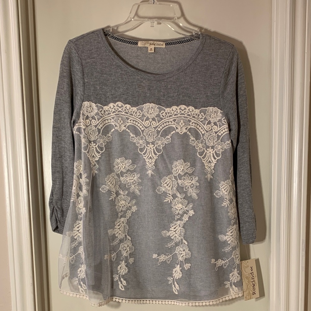 Rewind Gray and White Lace Women's Sweater